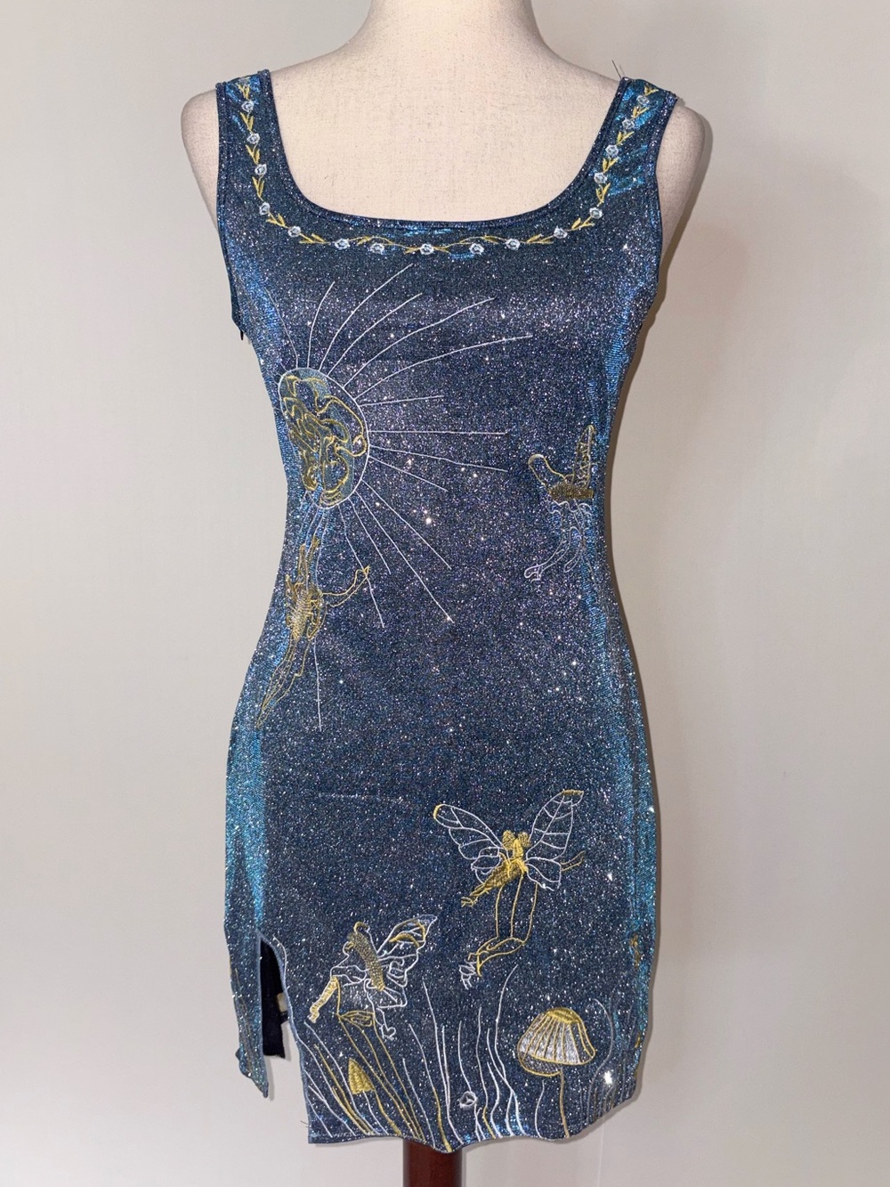 Sparkling Embroidered Fairy Themed Bodycon Tank Dress Size Medium